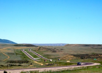 I-80 winds its way through empty Wyoming.